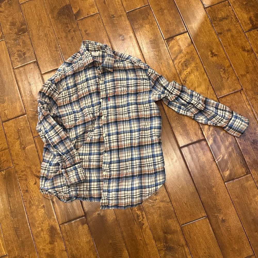 Levi's‎ Men's Plaid Flannel Button-Down Shirt - Blue & Tan - Picture 2 of 3